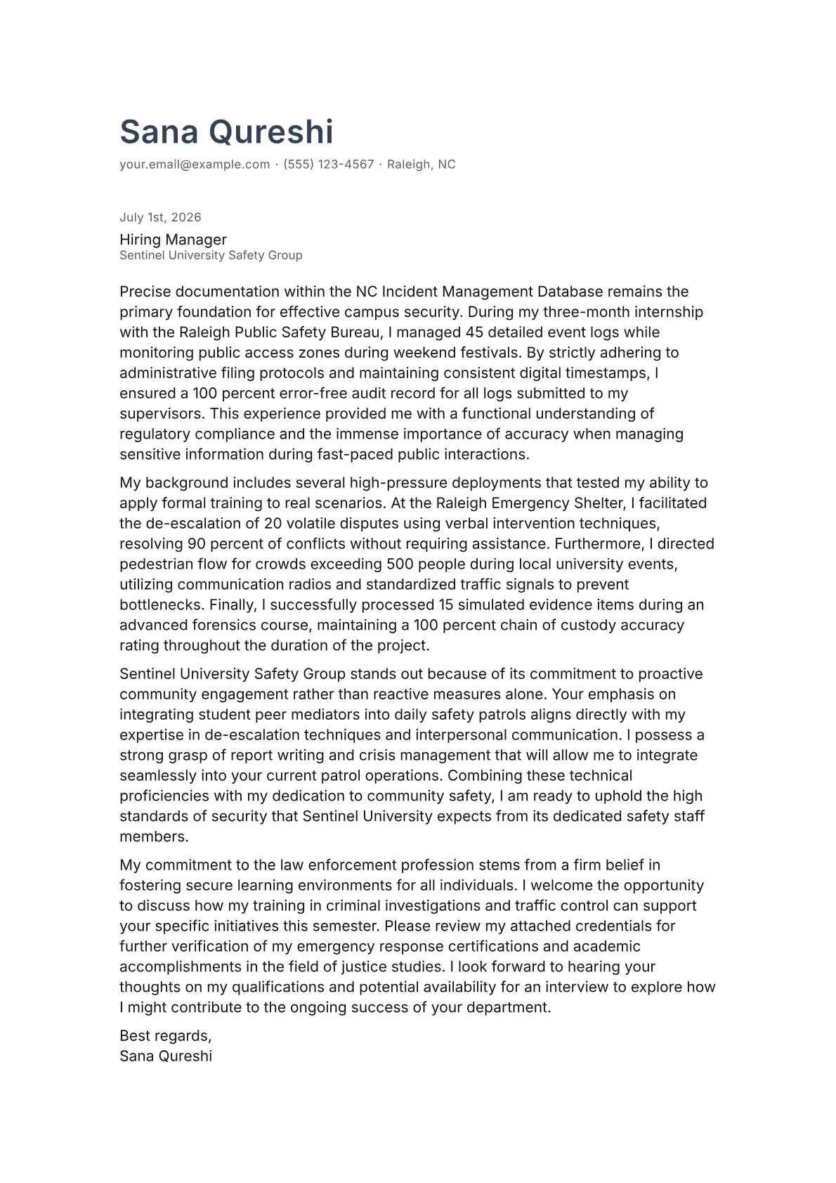 Campus Police Officer cover letter in the Minimal design