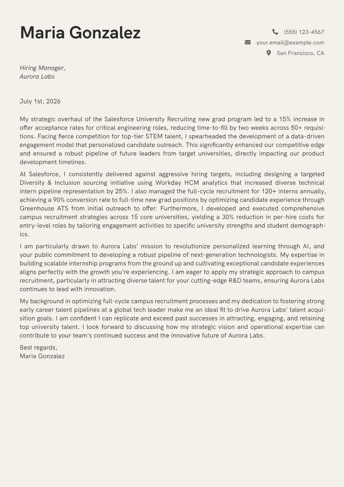 Campus Recruiter cover letter formatted with a JobSprout template