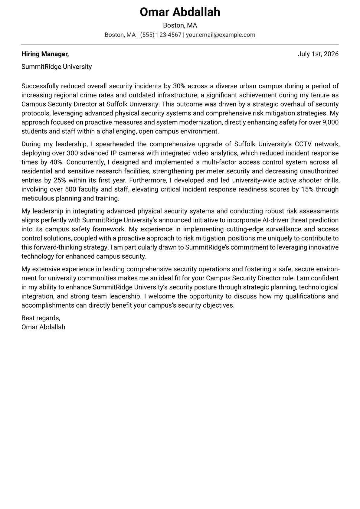 Campus Security Director cover letter formatted with a JobSprout template