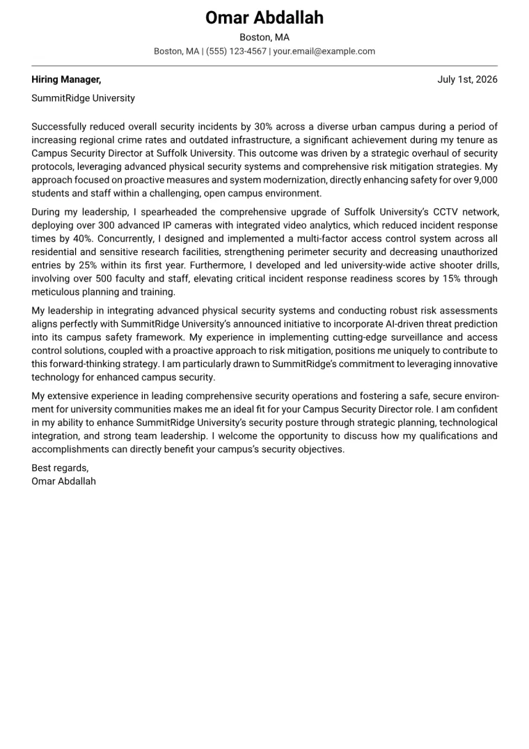 Campus Security Director cover letter example preview