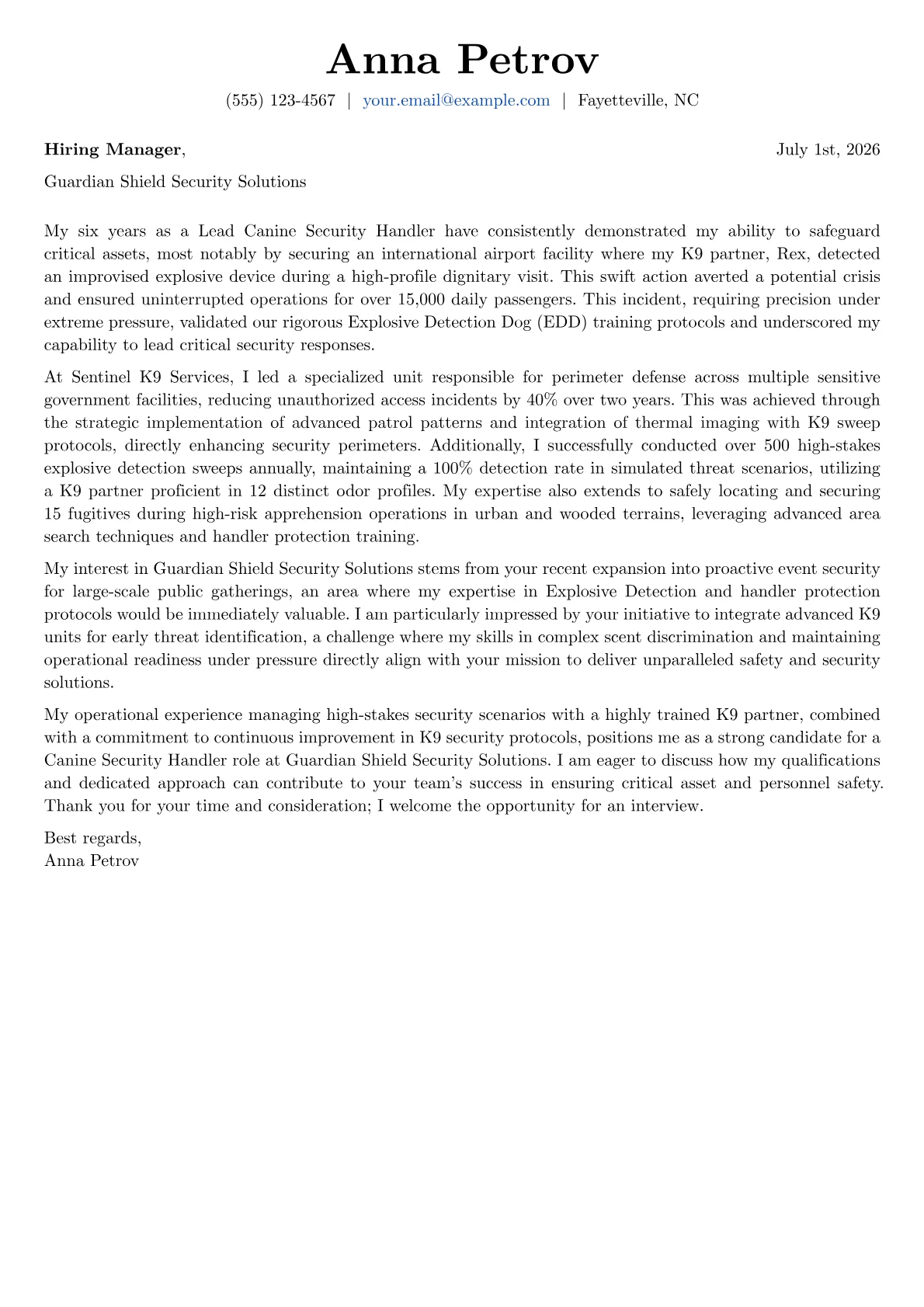 Canine Security Handler cover letter formatted with a JobSprout template