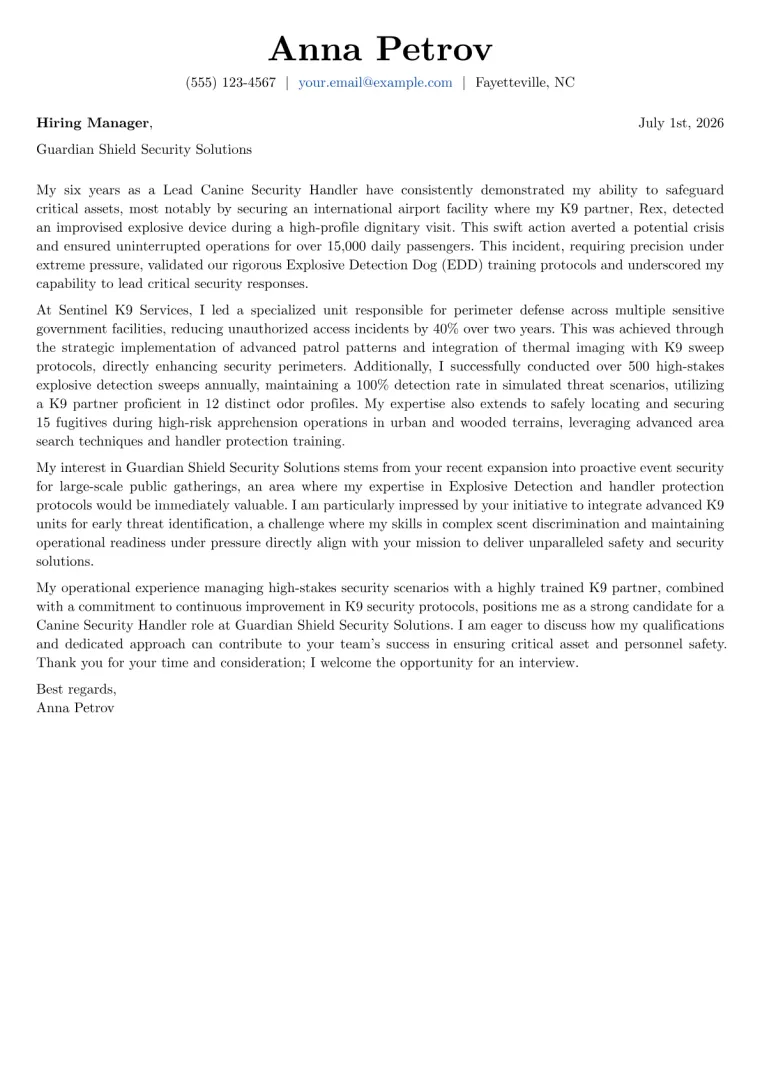 Canine Security Handler Cover Letter Example