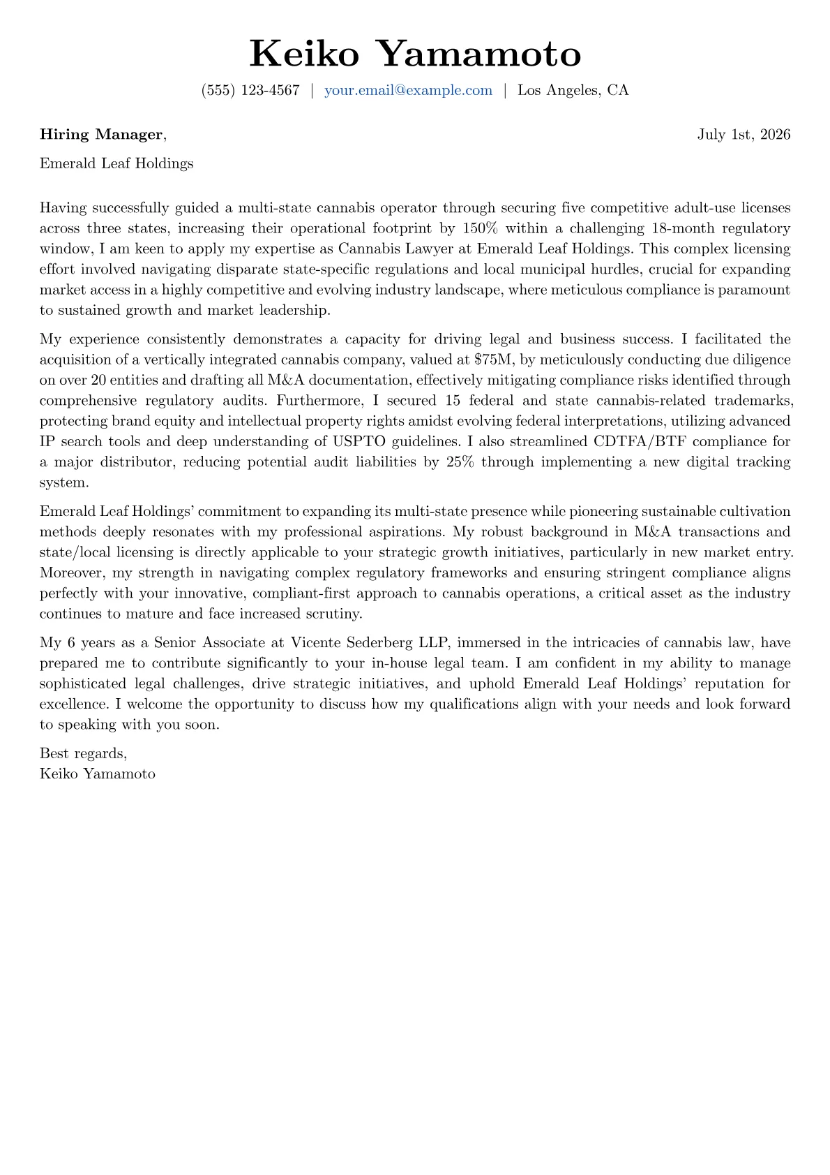Cannabis Lawyer cover letter formatted with a JobSprout template