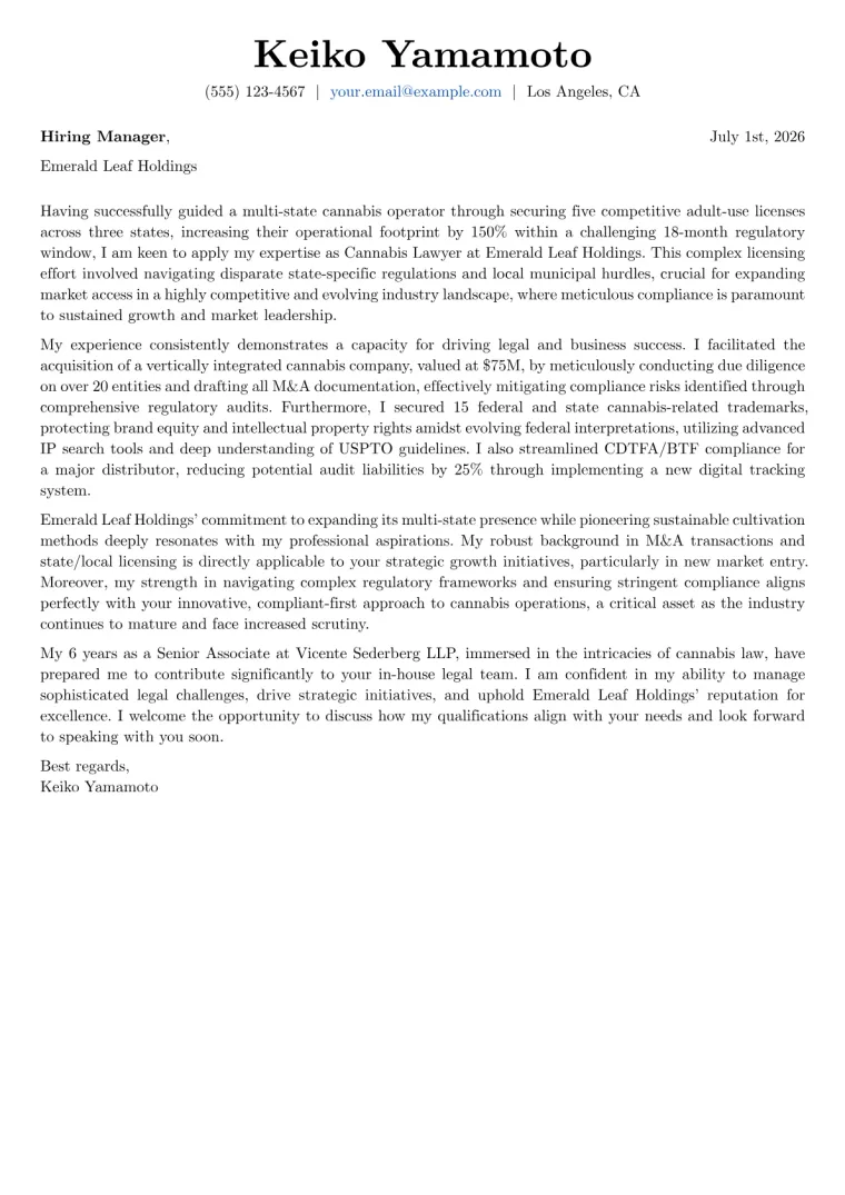 Cannabis Lawyer cover letter example preview