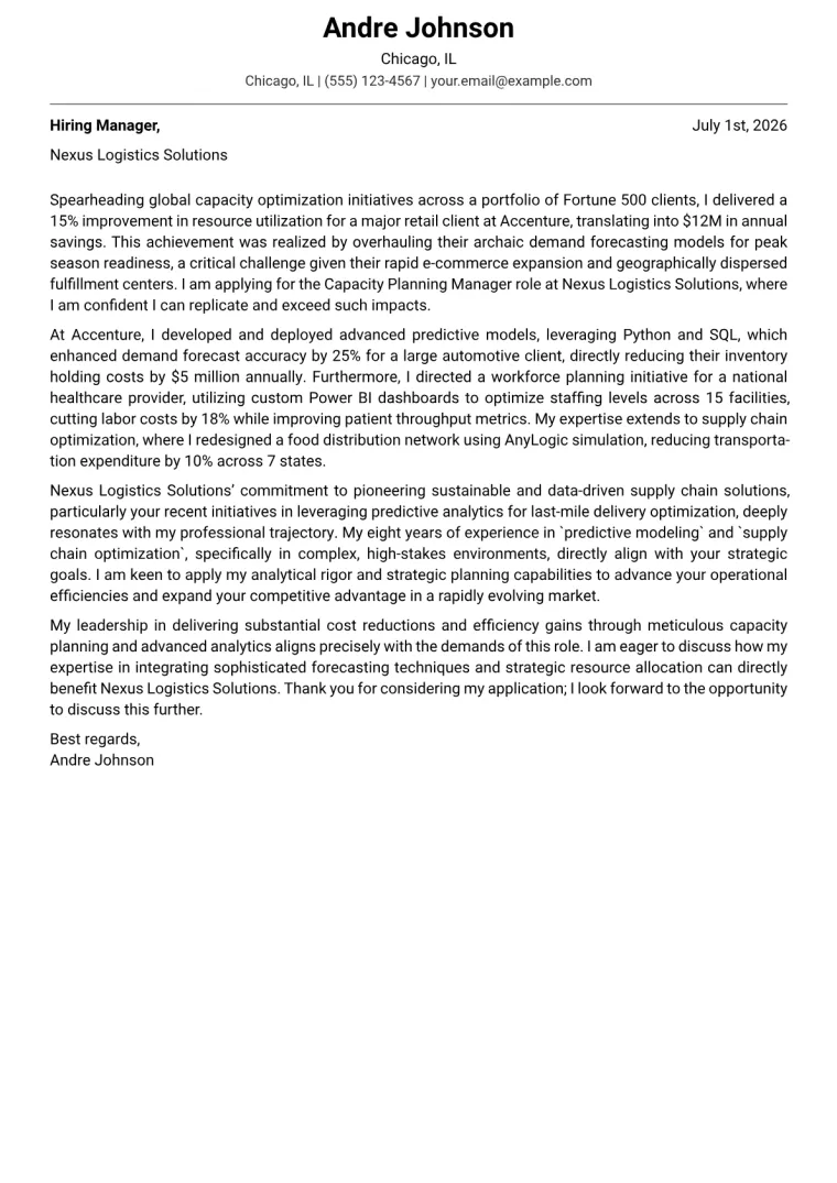 Capacity Planning Manager Cover Letter Example
