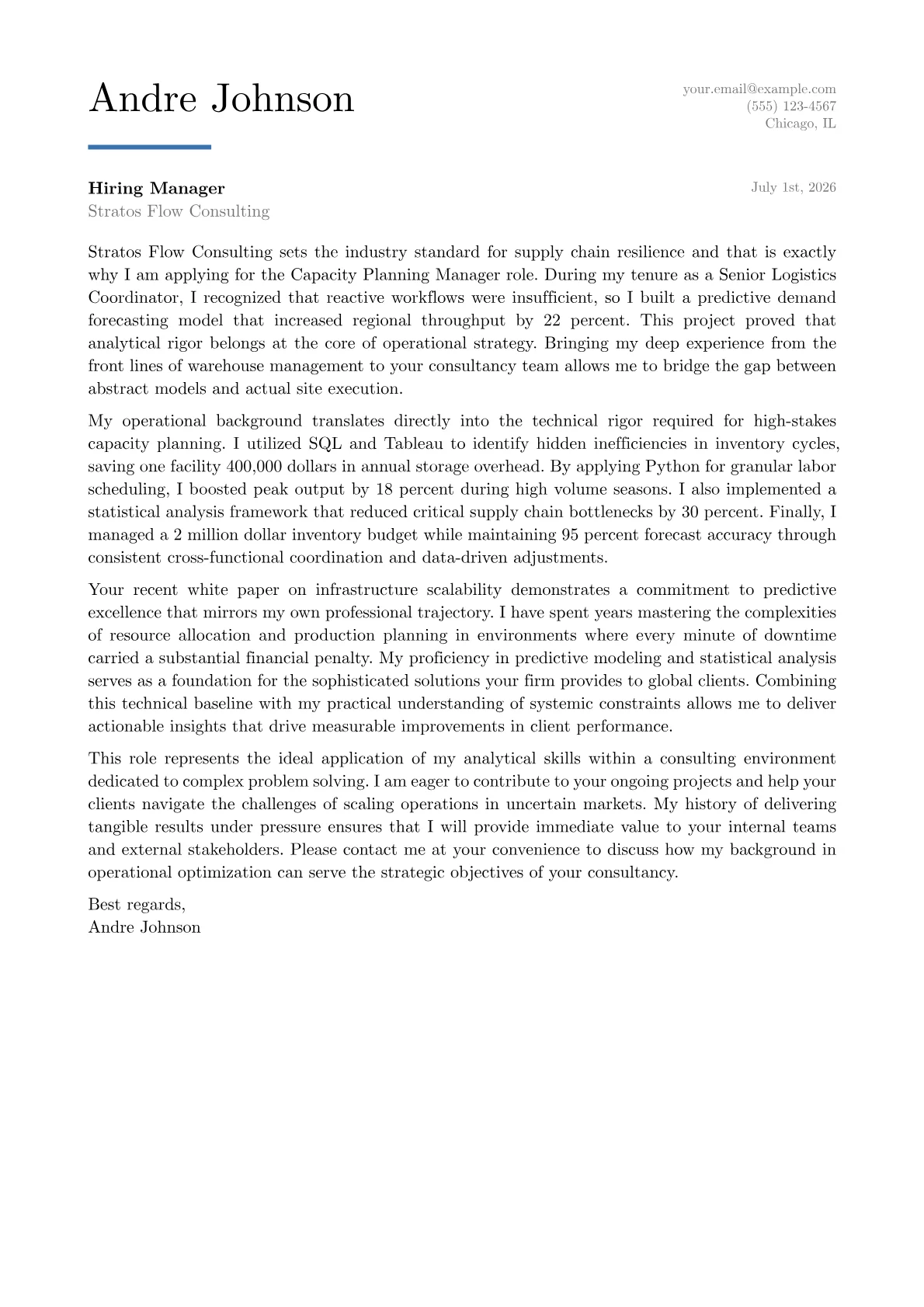 Capacity Planning Manager cover letter in the Executive design