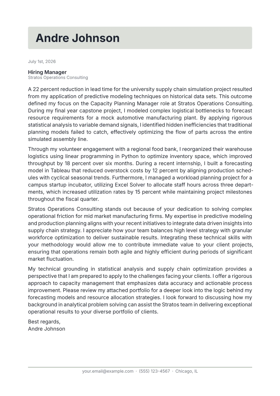 Capacity Planning Manager cover letter in the Letterhead design