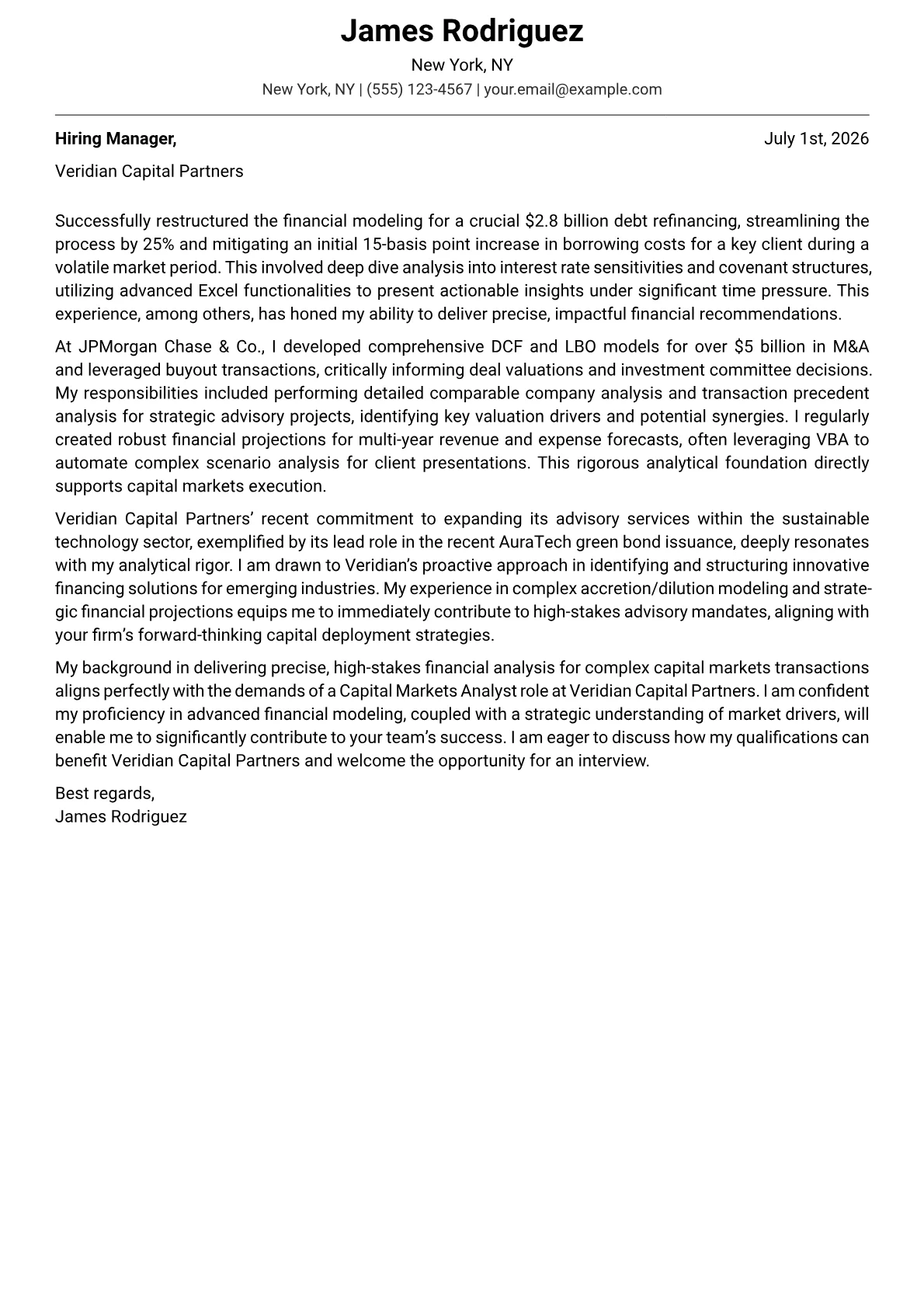 Capital Markets Analyst cover letter formatted with a JobSprout template