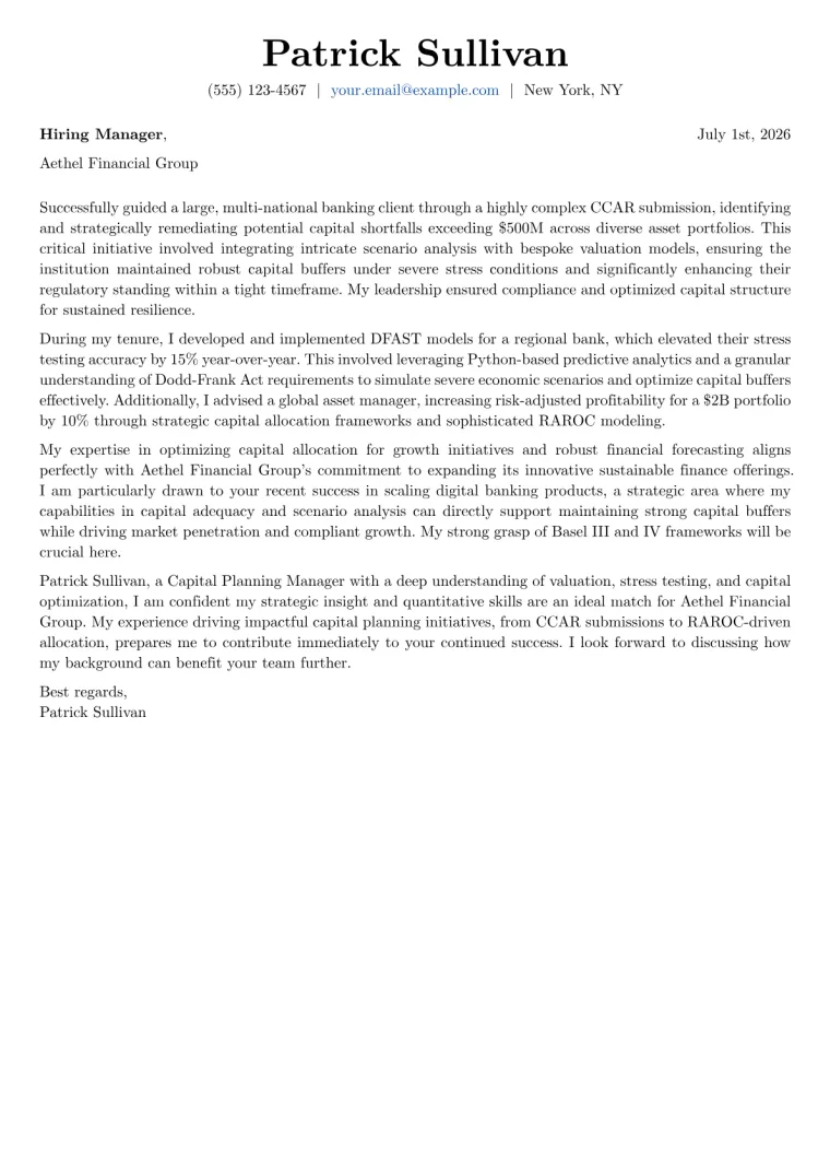 Capital Planning Manager cover letter example preview