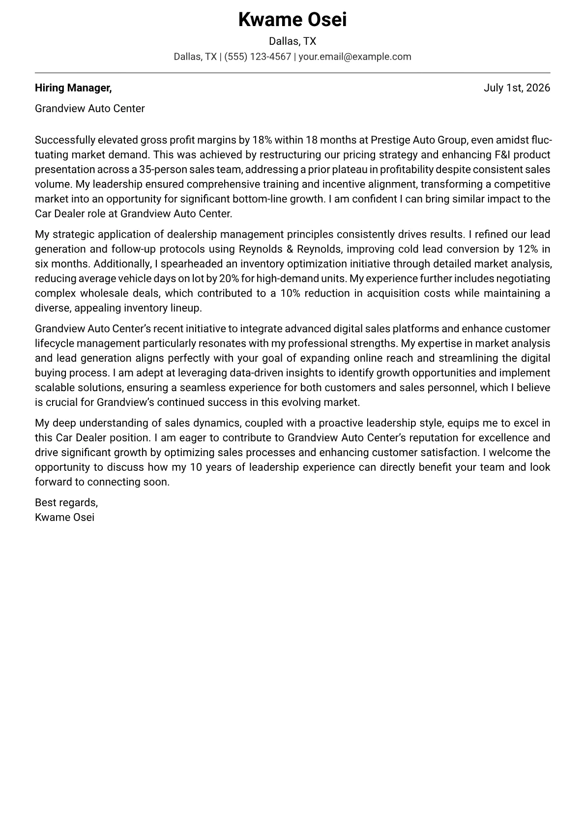 Car Dealer cover letter formatted with a JobSprout template