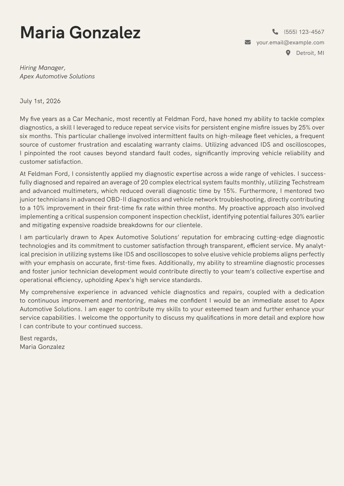 Car Mechanic cover letter formatted with a JobSprout template