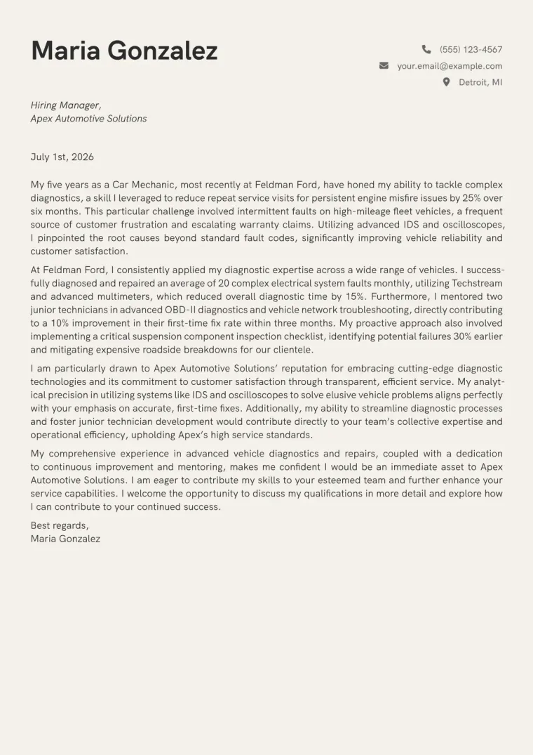 Car Mechanic Cover Letter Example