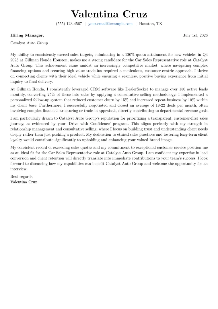 Car Sales Representative cover letter example preview