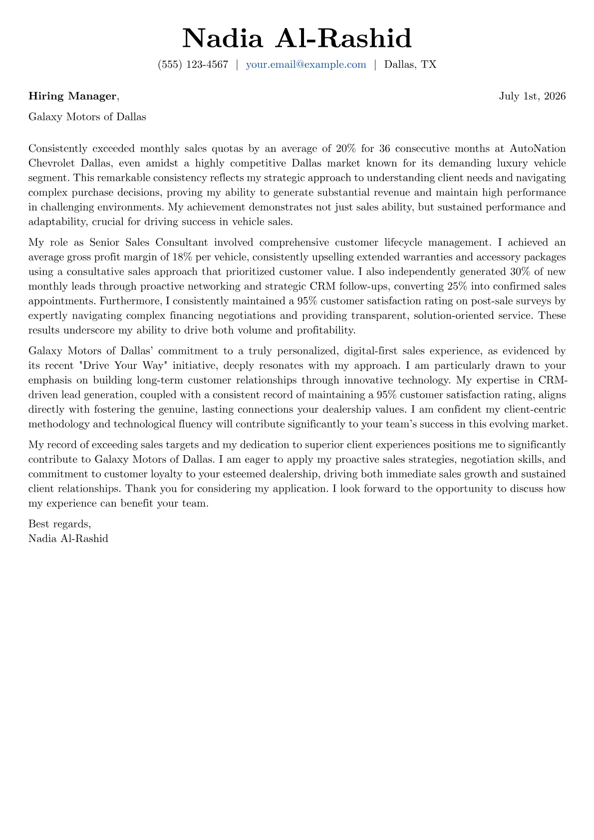 Car Salesman cover letter formatted with a JobSprout template