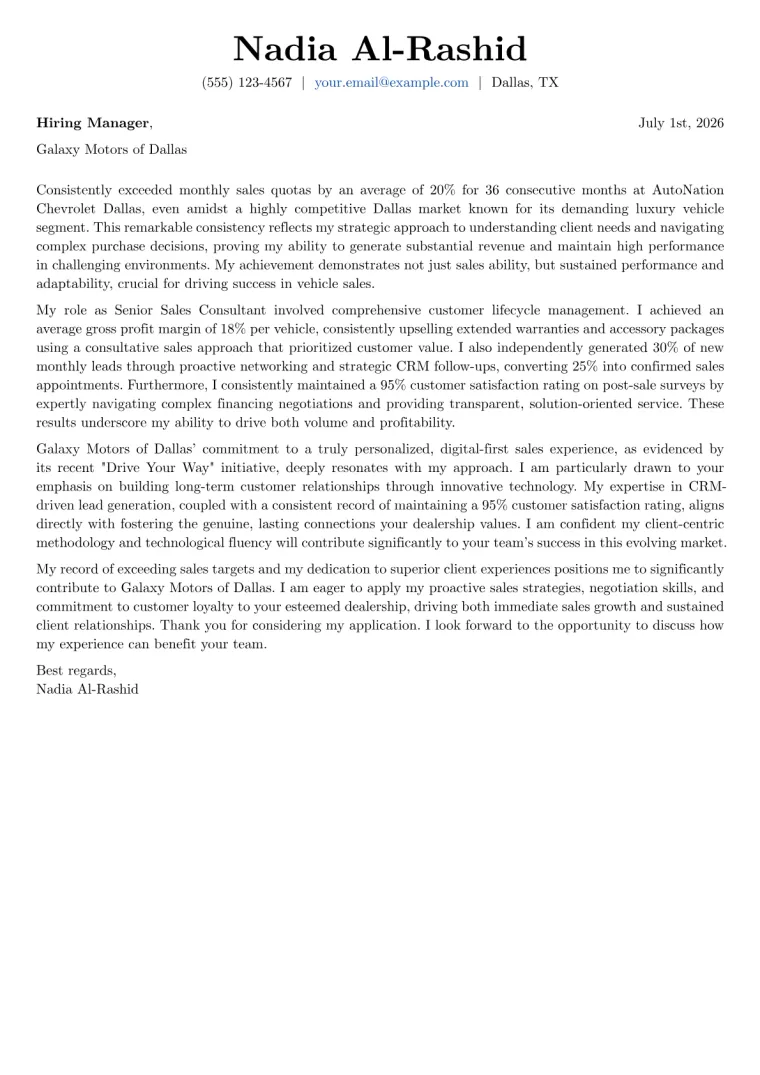 Car Salesman Cover Letter Example