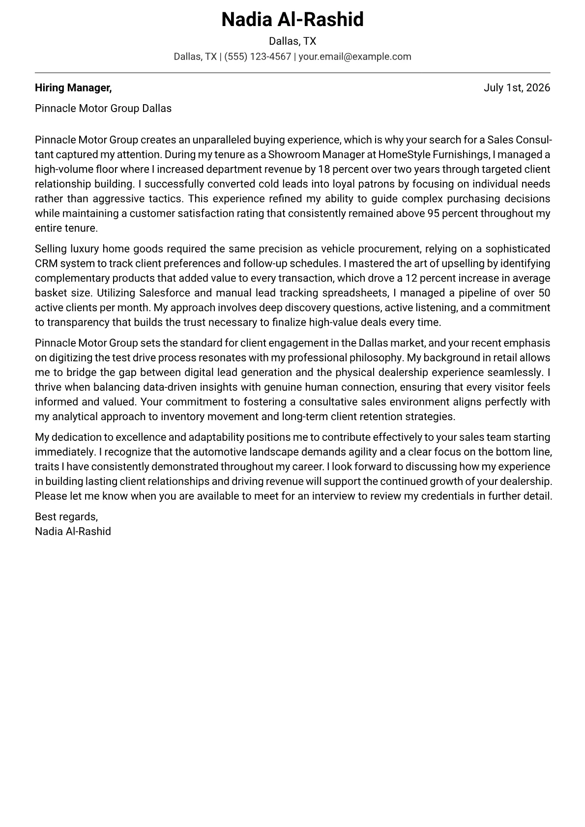 Car Salesman cover letter in the Modern design