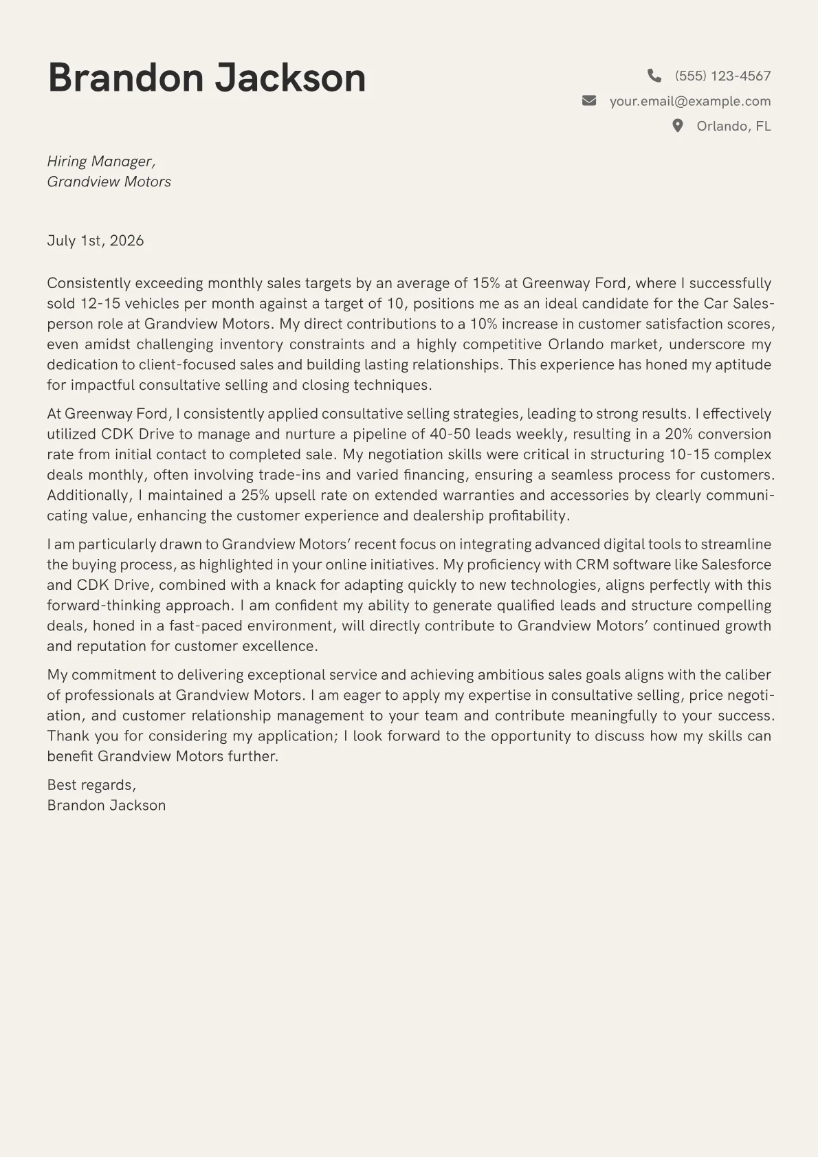Car Salesperson cover letter formatted with a JobSprout template