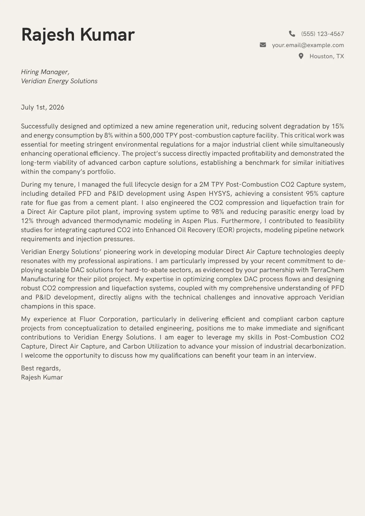 Carbon Capture Engineer cover letter formatted with a JobSprout template