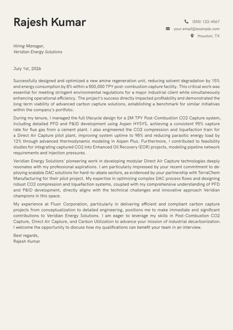 Carbon Capture Engineer cover letter example preview