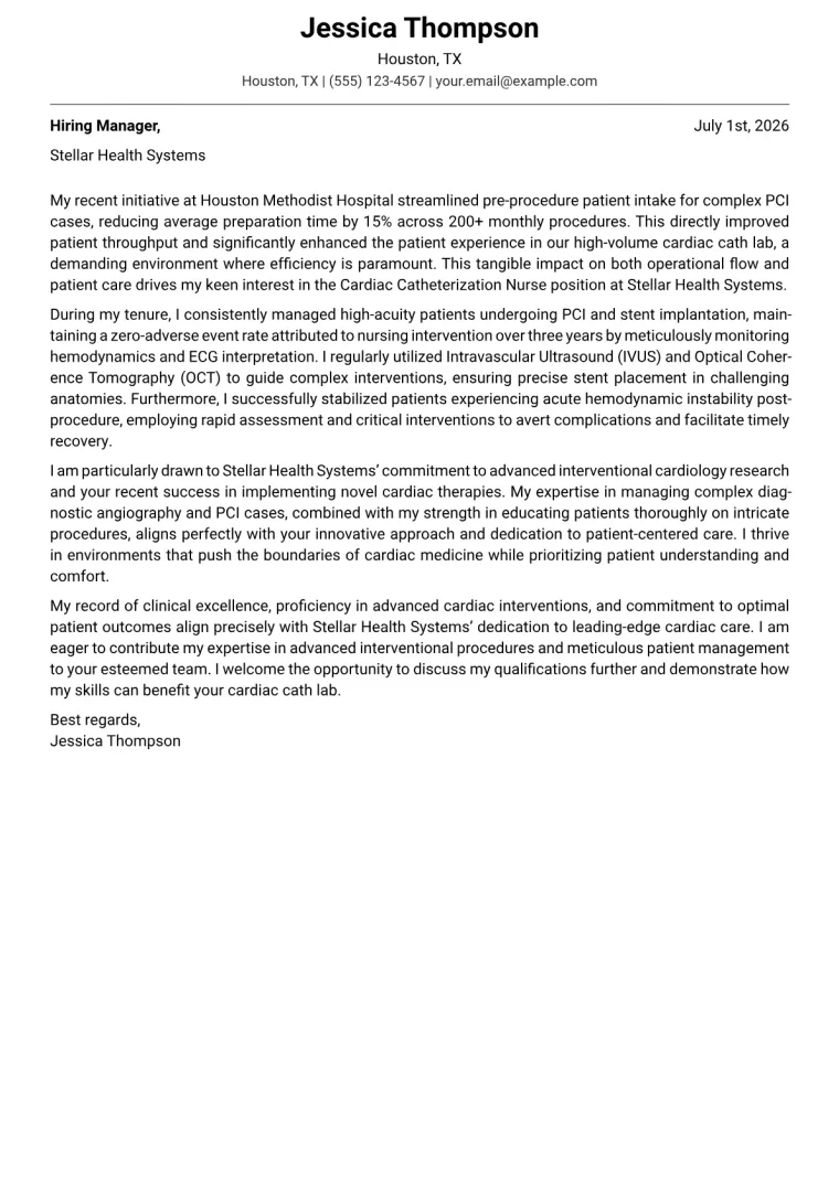Cardiac Catheterization Nurse Cover Letter Example