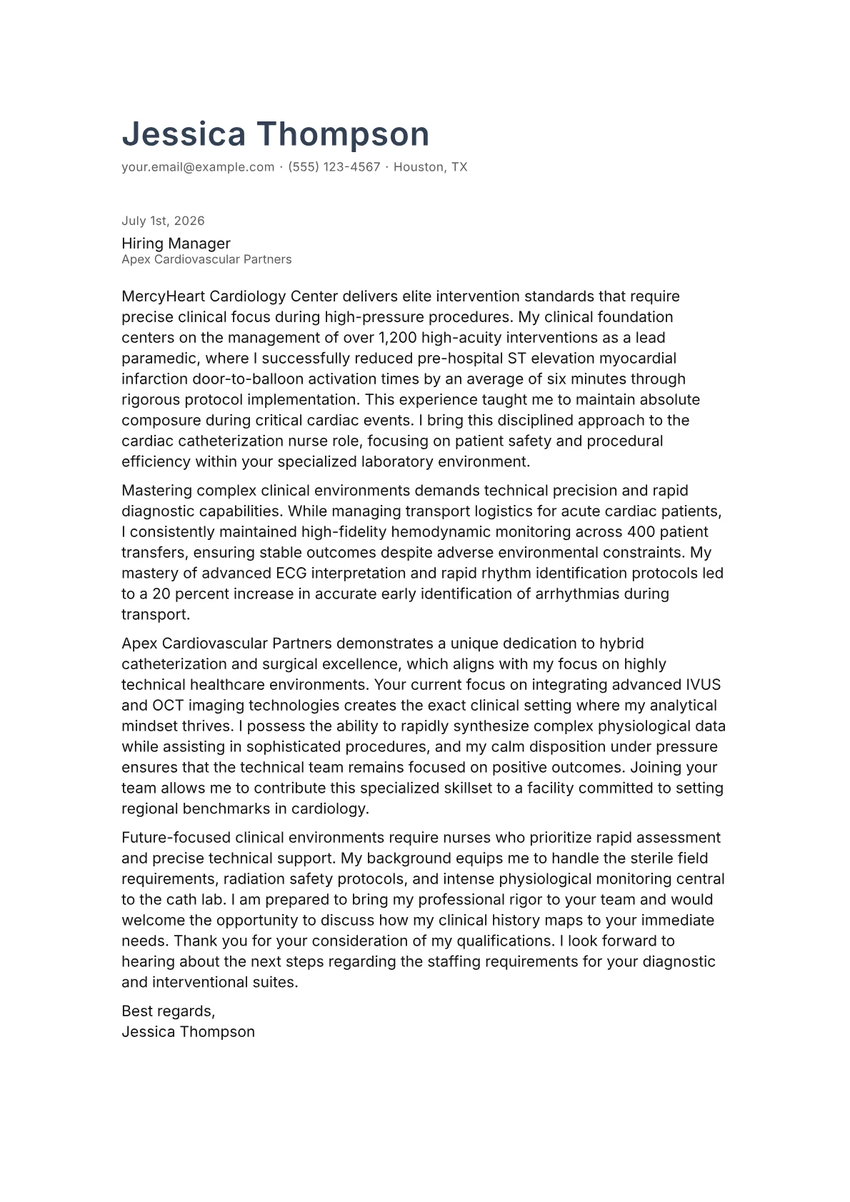 Cardiac Catheterization Nurse cover letter in the Minimal design