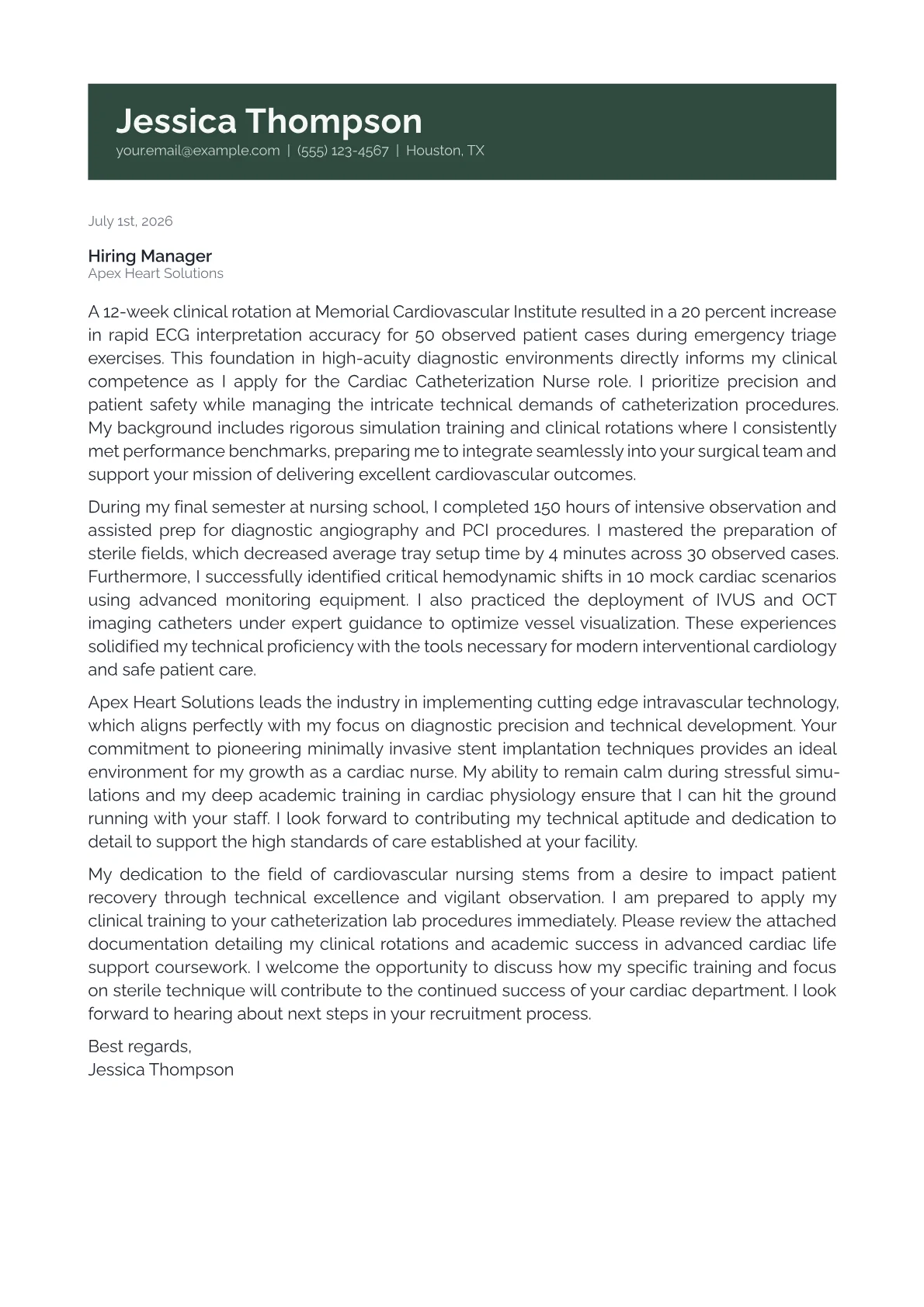 Cardiac Catheterization Nurse cover letter in the Banner design