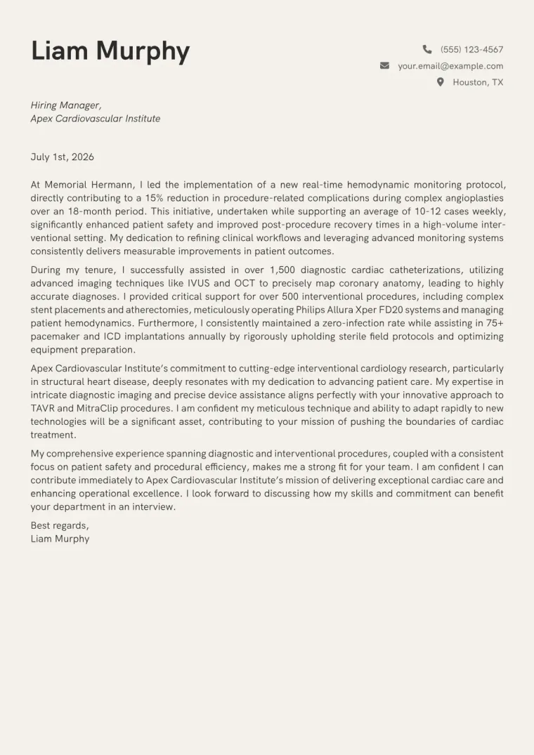 Cardiac Catheterization Technologist Cover Letter Example