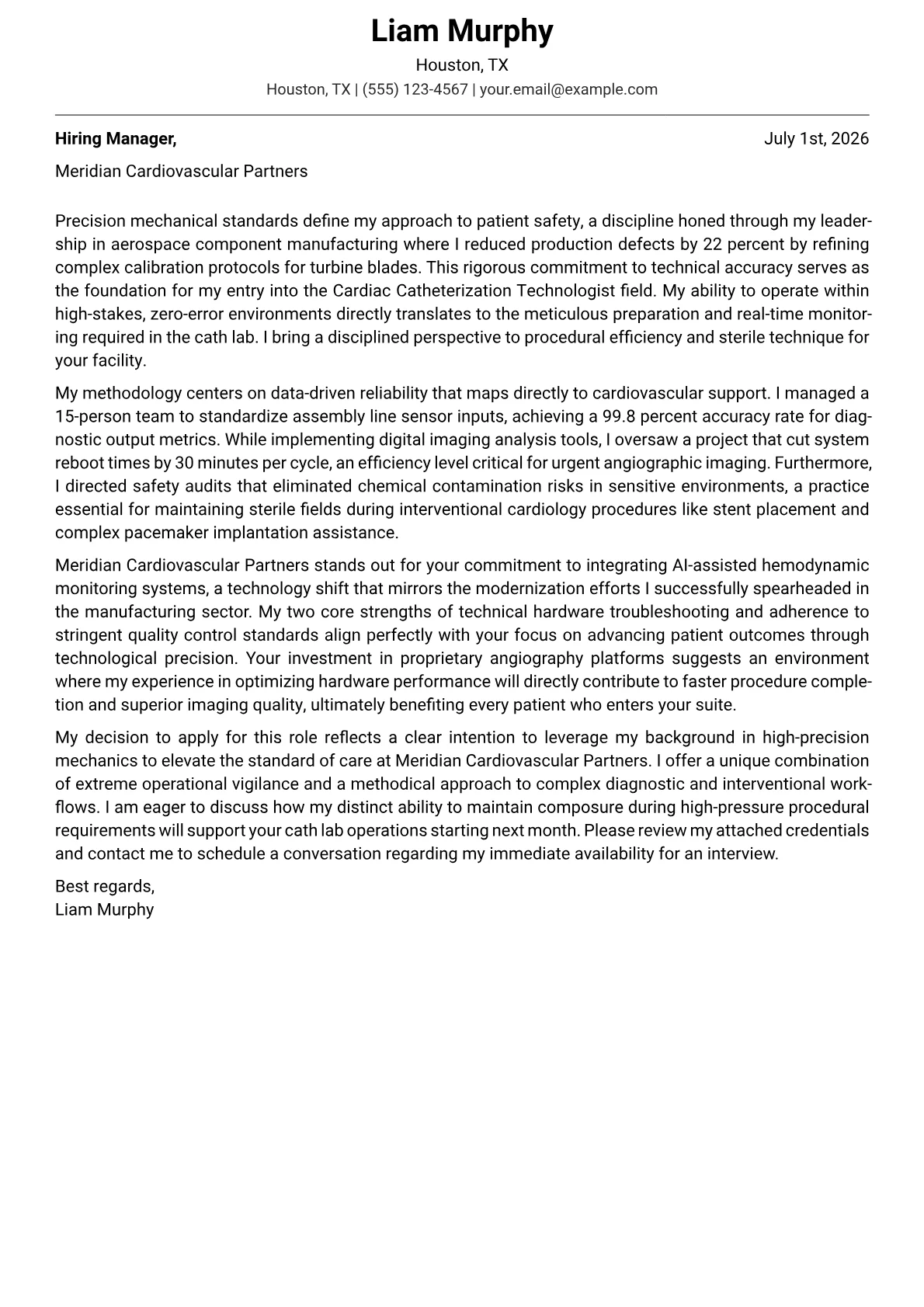 Cardiac Catheterization Technologist cover letter in the Modern design