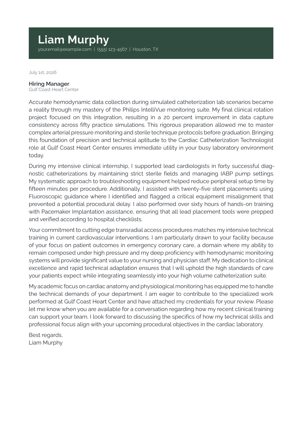Cardiac Catheterization Technologist cover letter in the Banner design