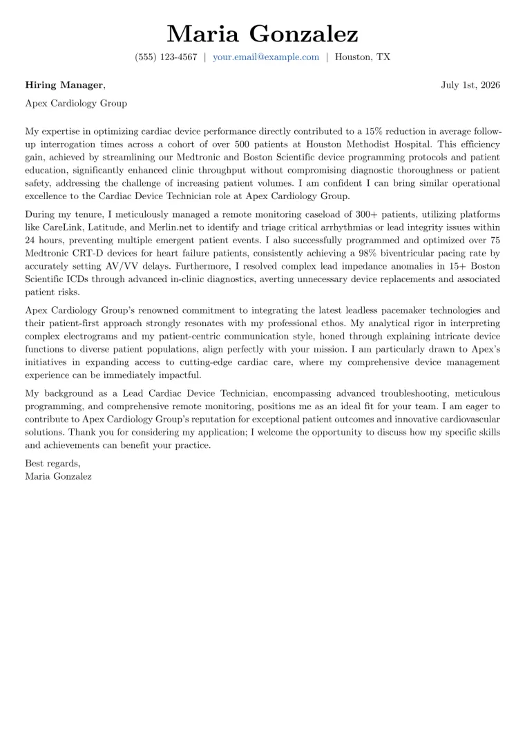 Cardiac Device Technician cover letter example preview