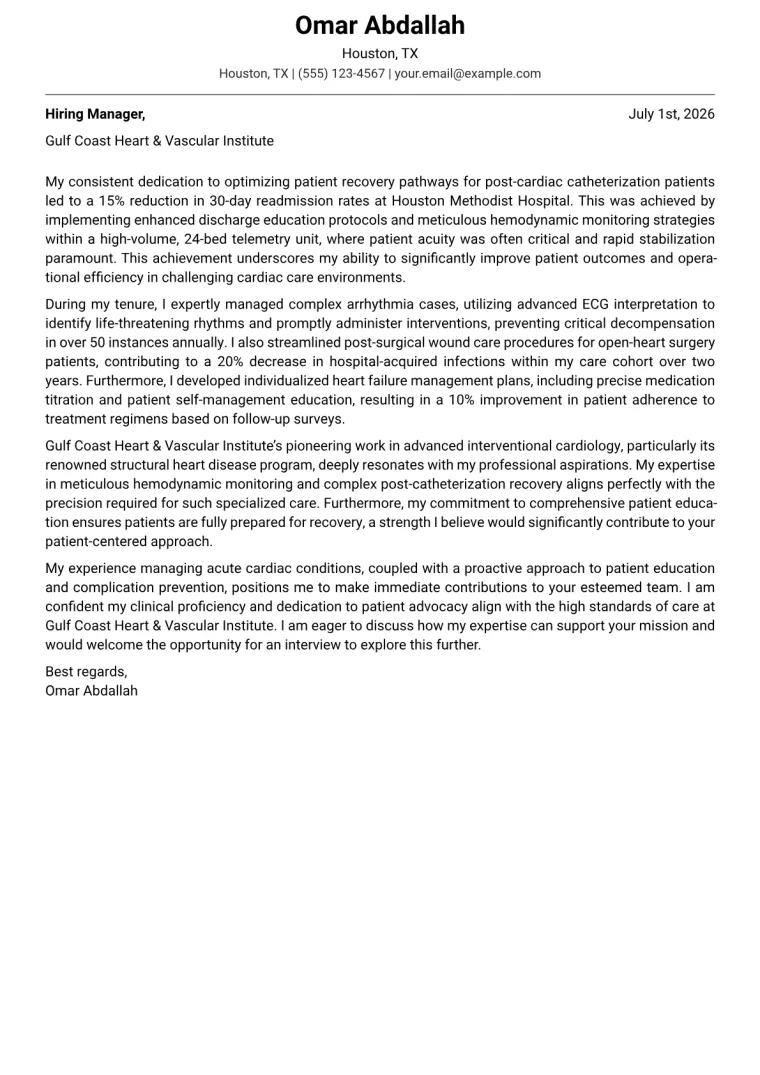 Cardiac Nurse cover letter example preview