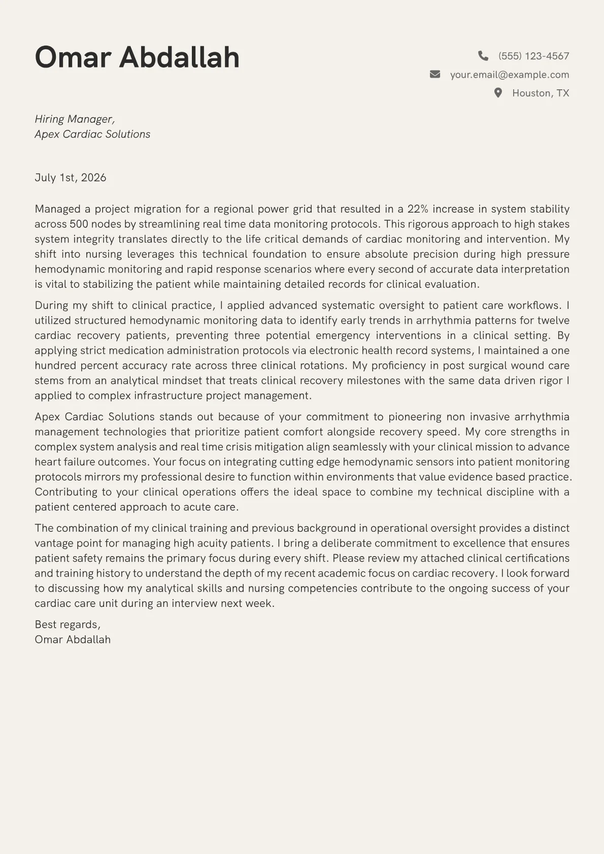 Cardiac Nurse cover letter in the Creative design