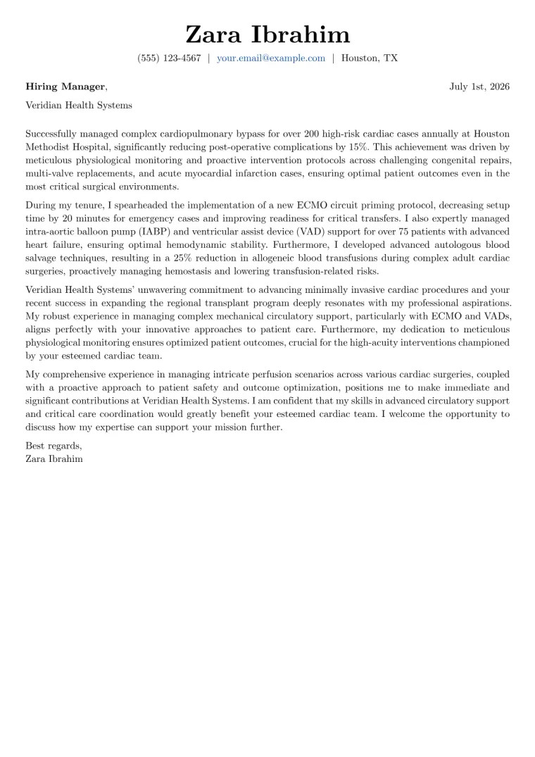 Cardiac Perfusionist cover letter example preview