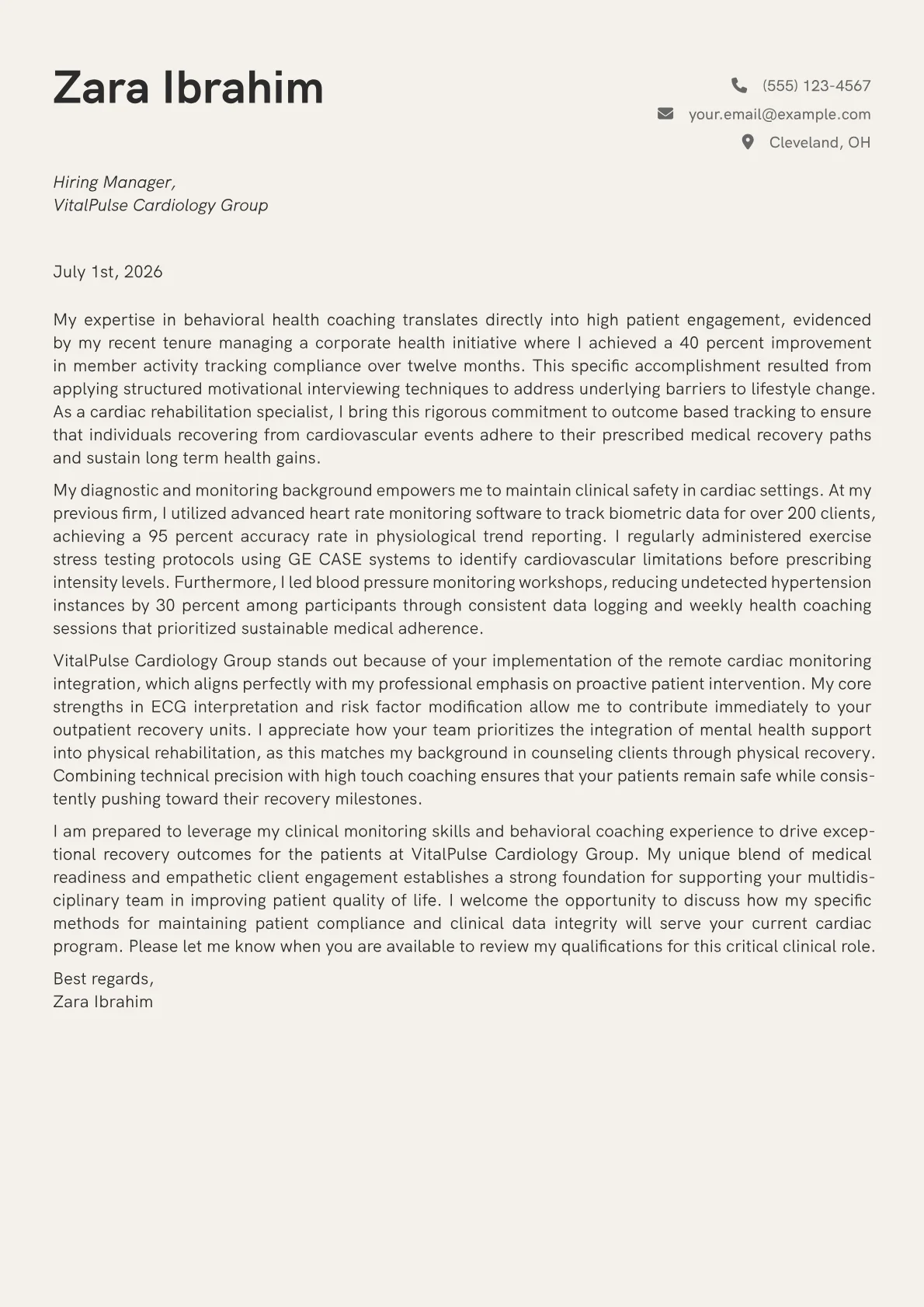 Cardiac Rehabilitation Specialist cover letter in the Creative design