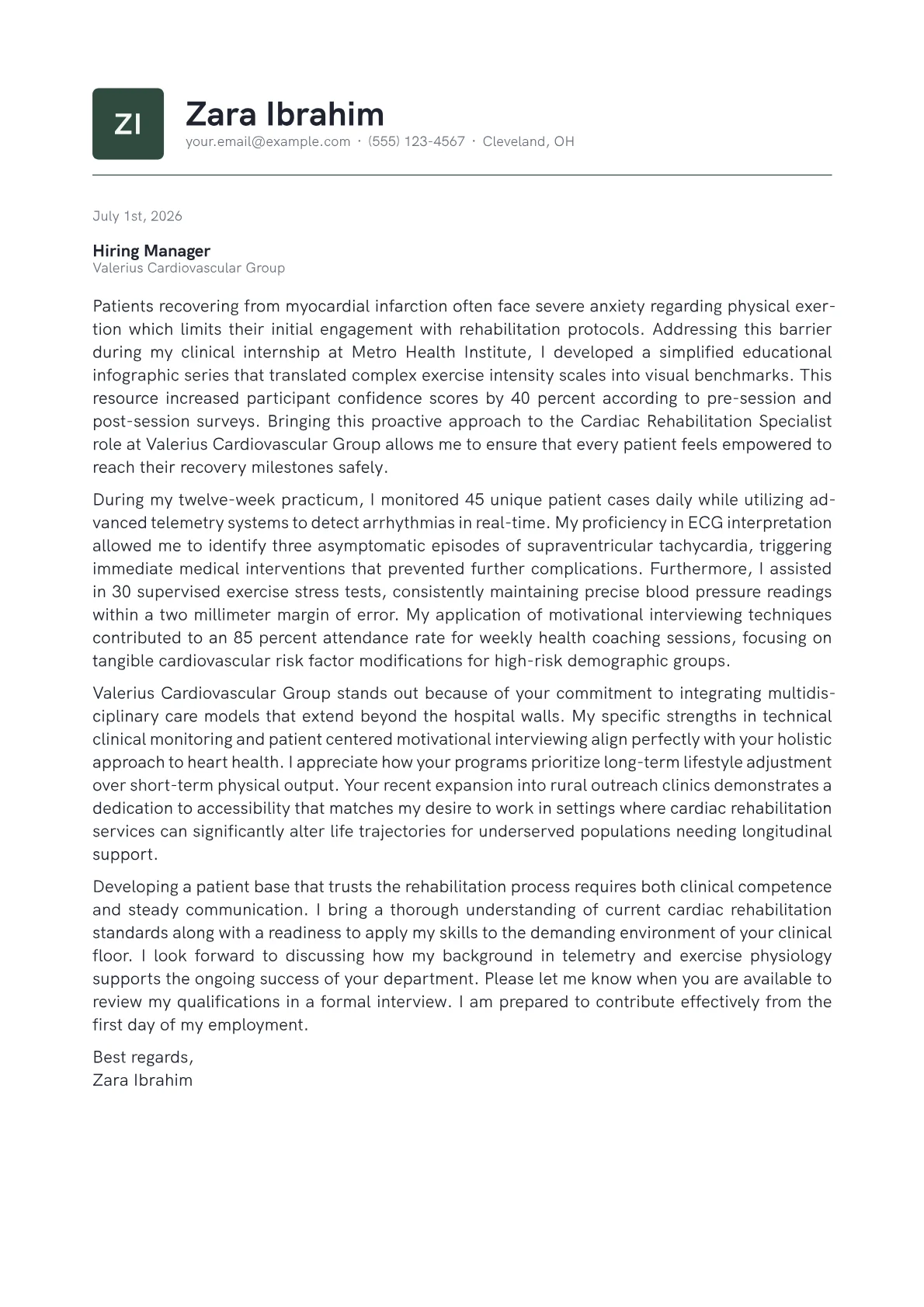 Cardiac Rehabilitation Specialist cover letter in the Emblem design
