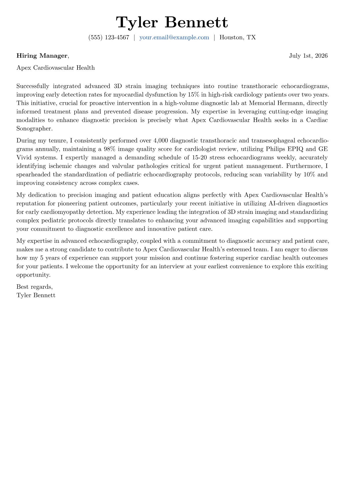 Cardiac Sonographer cover letter formatted with a JobSprout template
