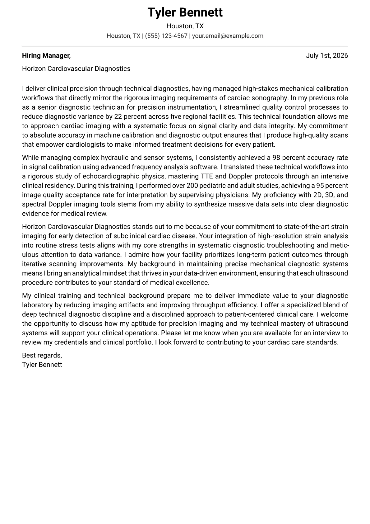 Cardiac Sonographer cover letter in the Modern design