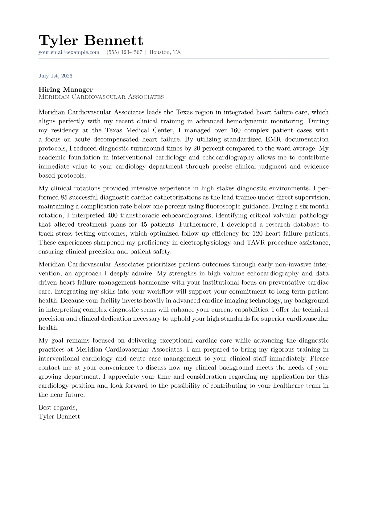Cardiologist cover letter in the Classic design