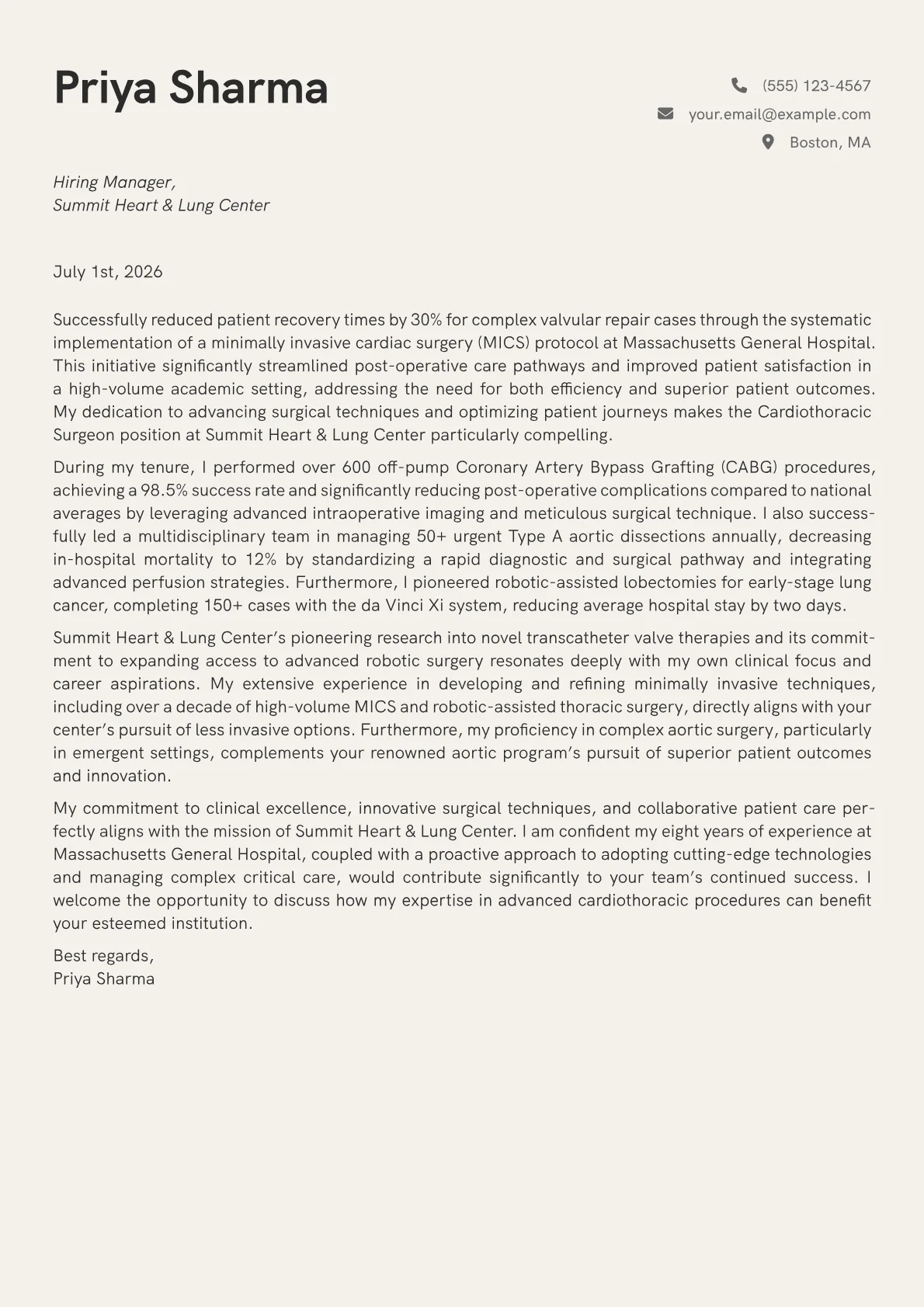Cardiothoracic Surgeon cover letter formatted with a JobSprout template