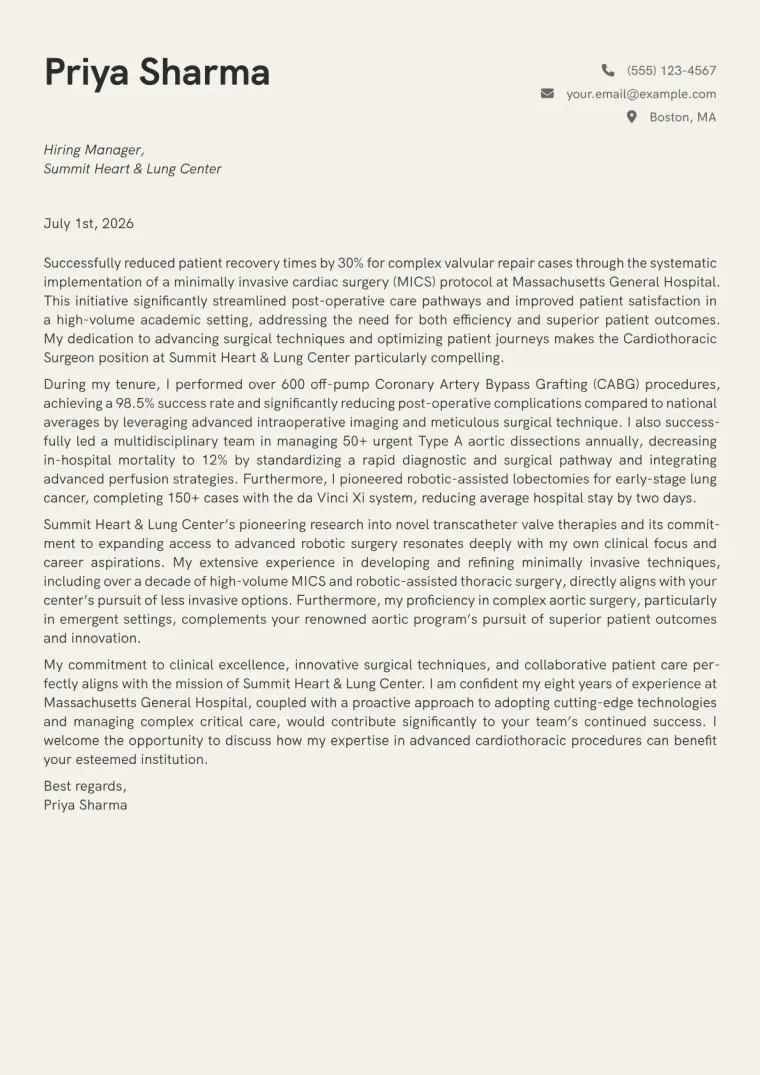 Cardiothoracic Surgeon Cover Letter Example