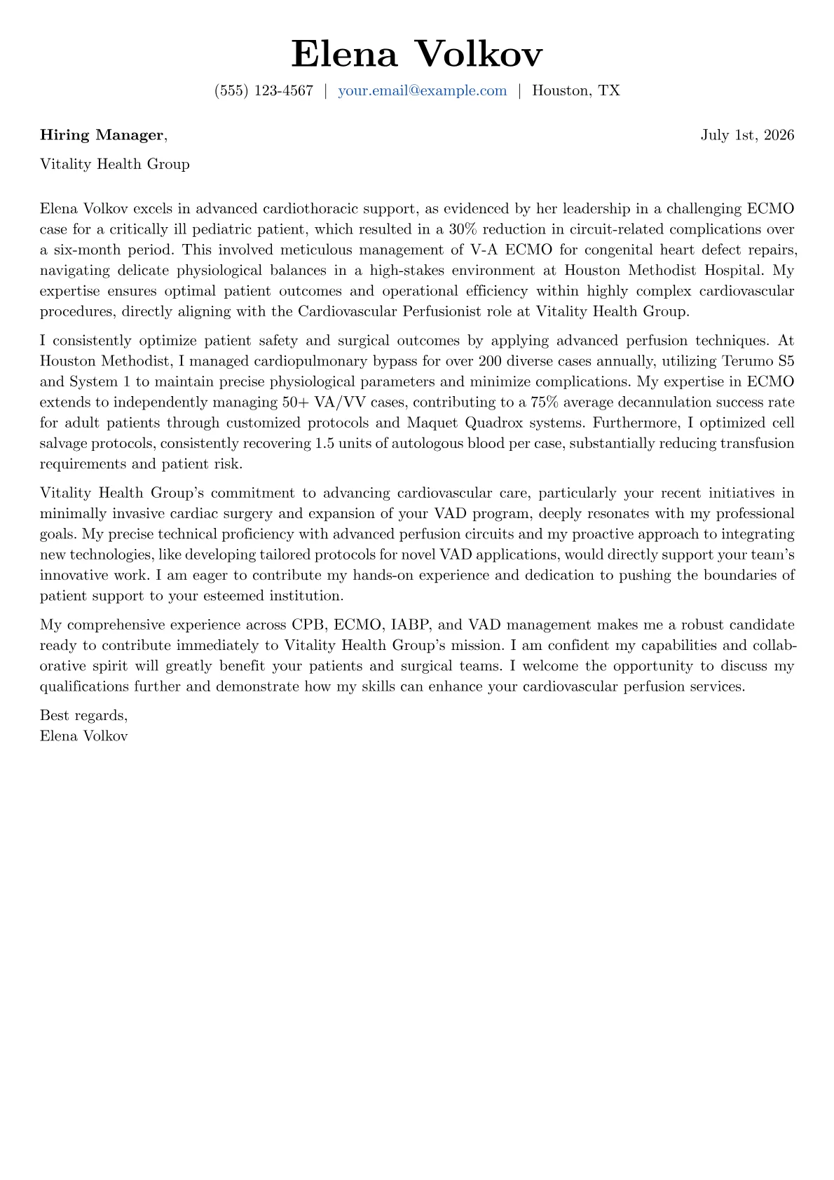 Cardiovascular Perfusionist cover letter formatted with a JobSprout template