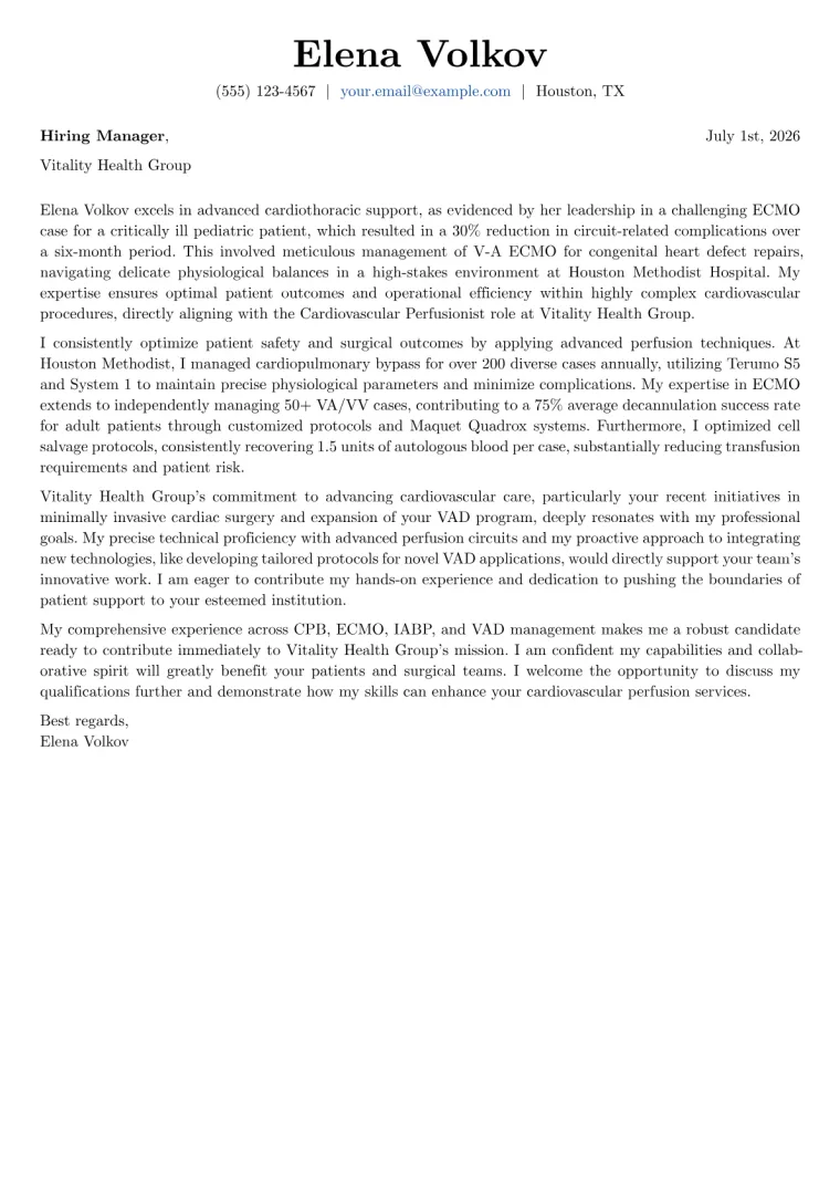 Cardiovascular Perfusionist cover letter example preview