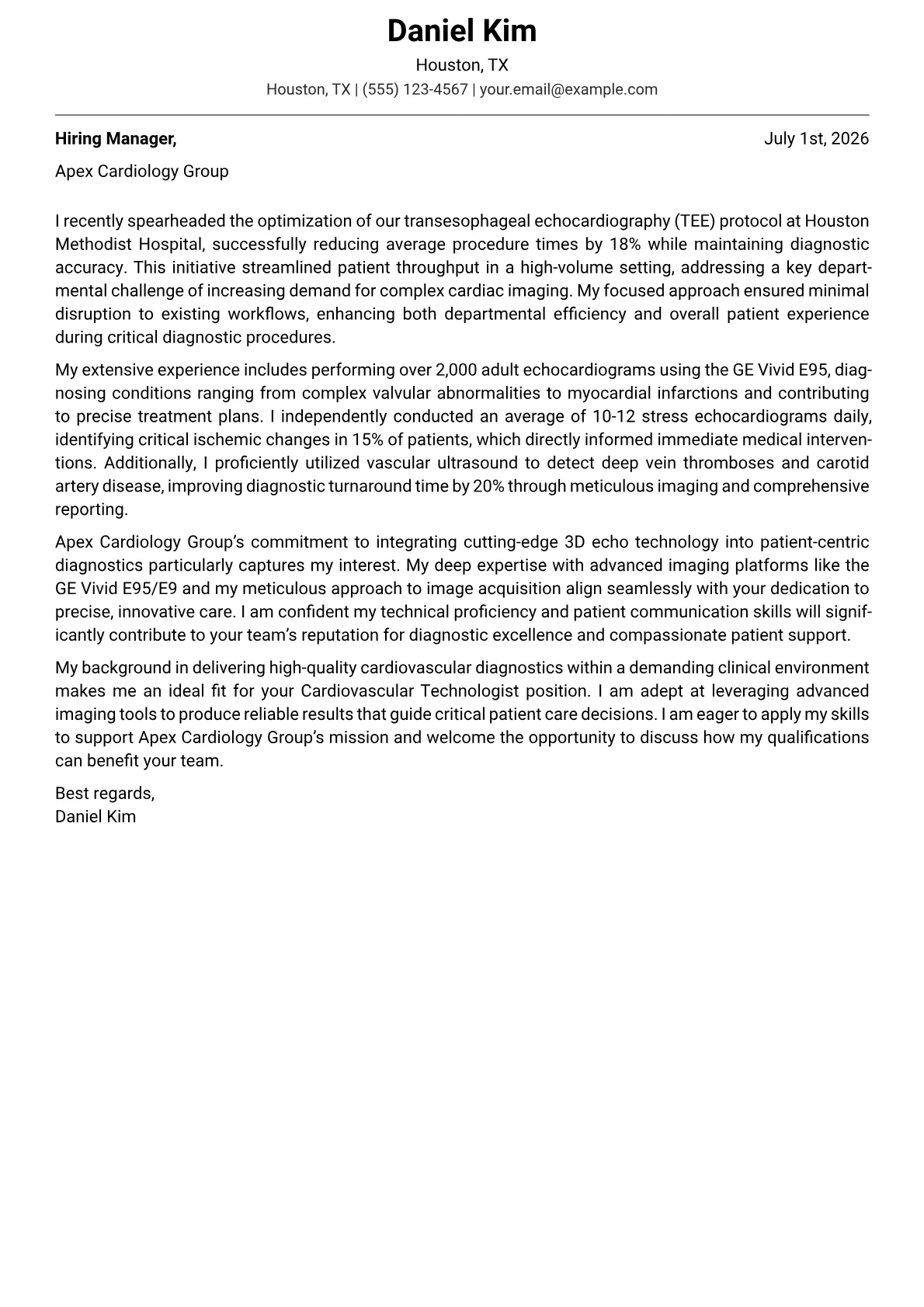 Cardiovascular Technologist cover letter formatted with a JobSprout template