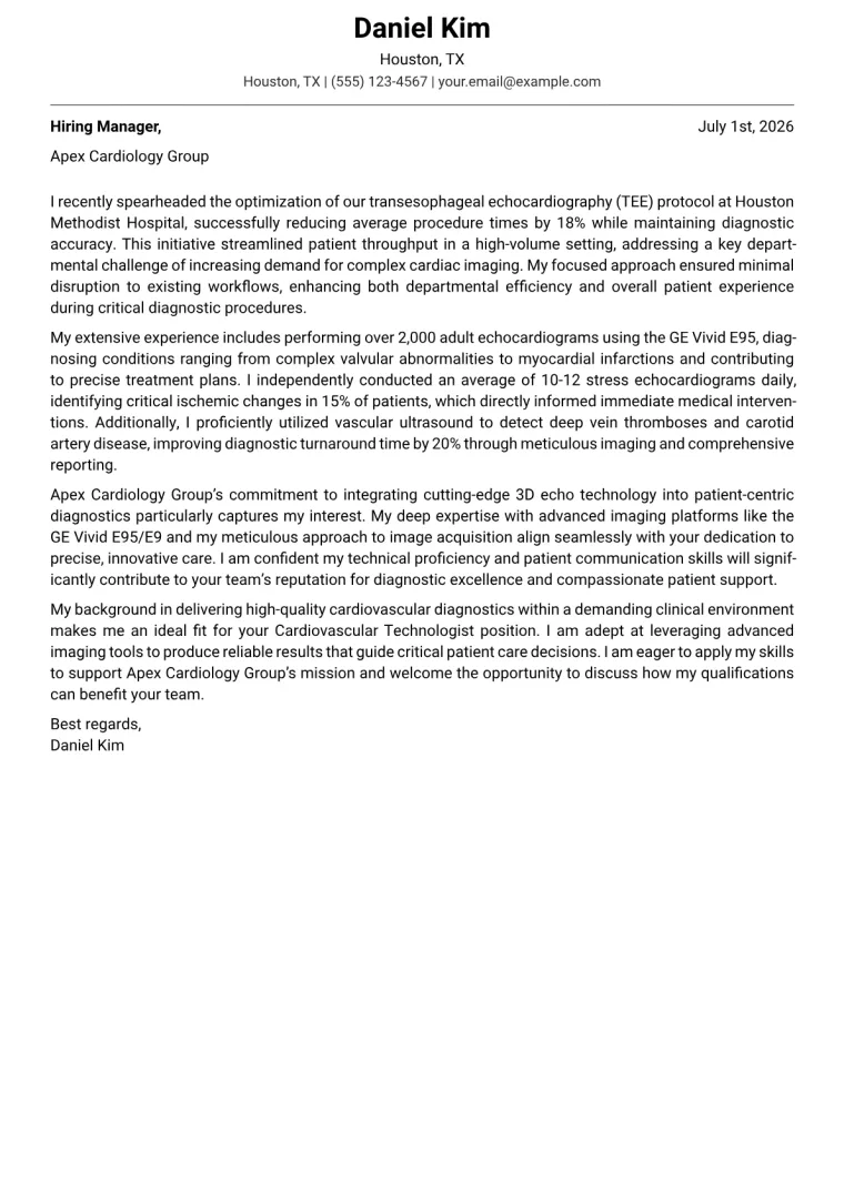Cardiovascular Technologist Cover Letter Example