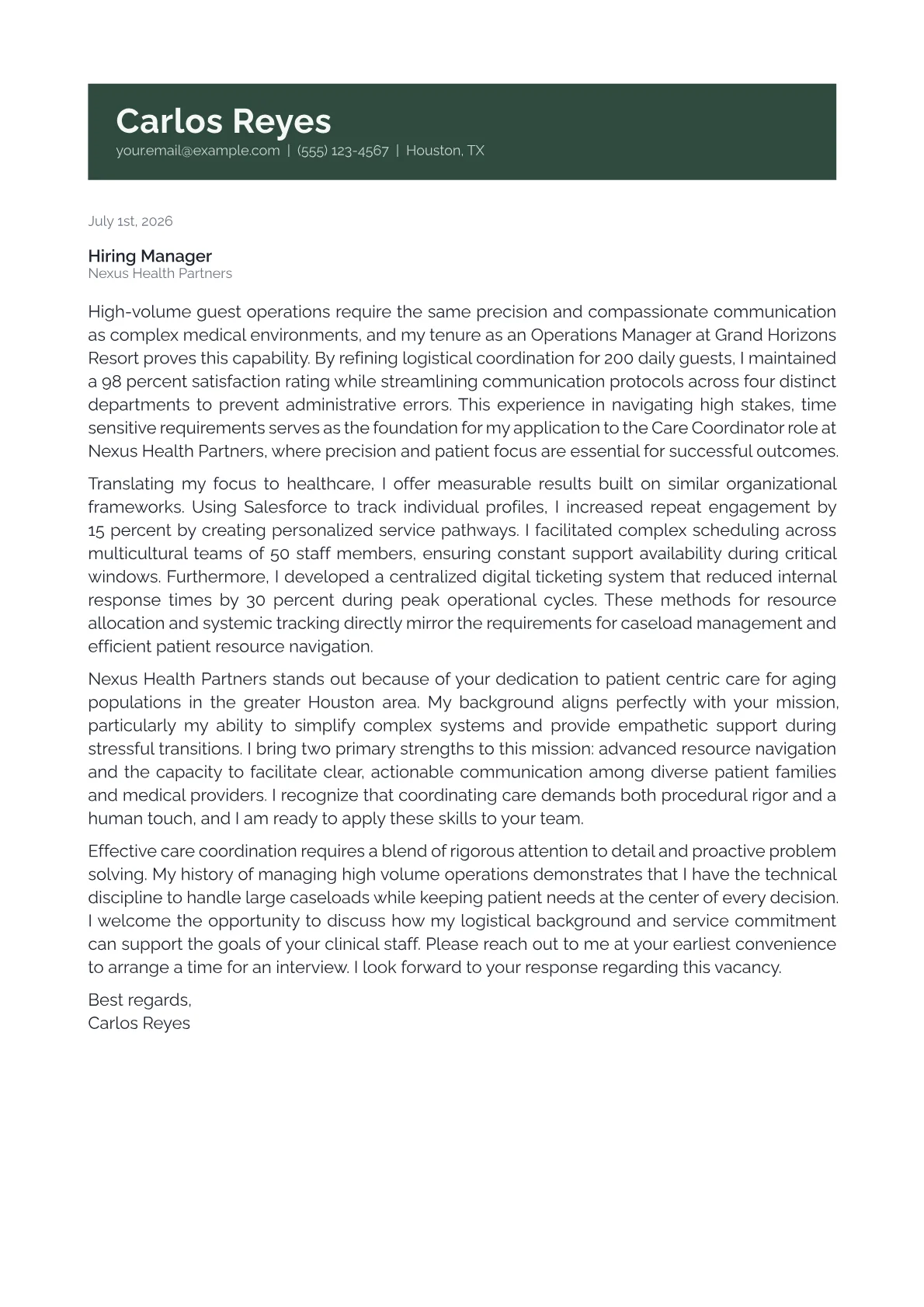 Care Coordinator cover letter in the Banner design