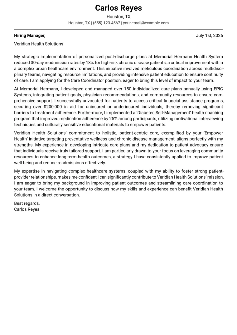 Care Coordinator cover letter example