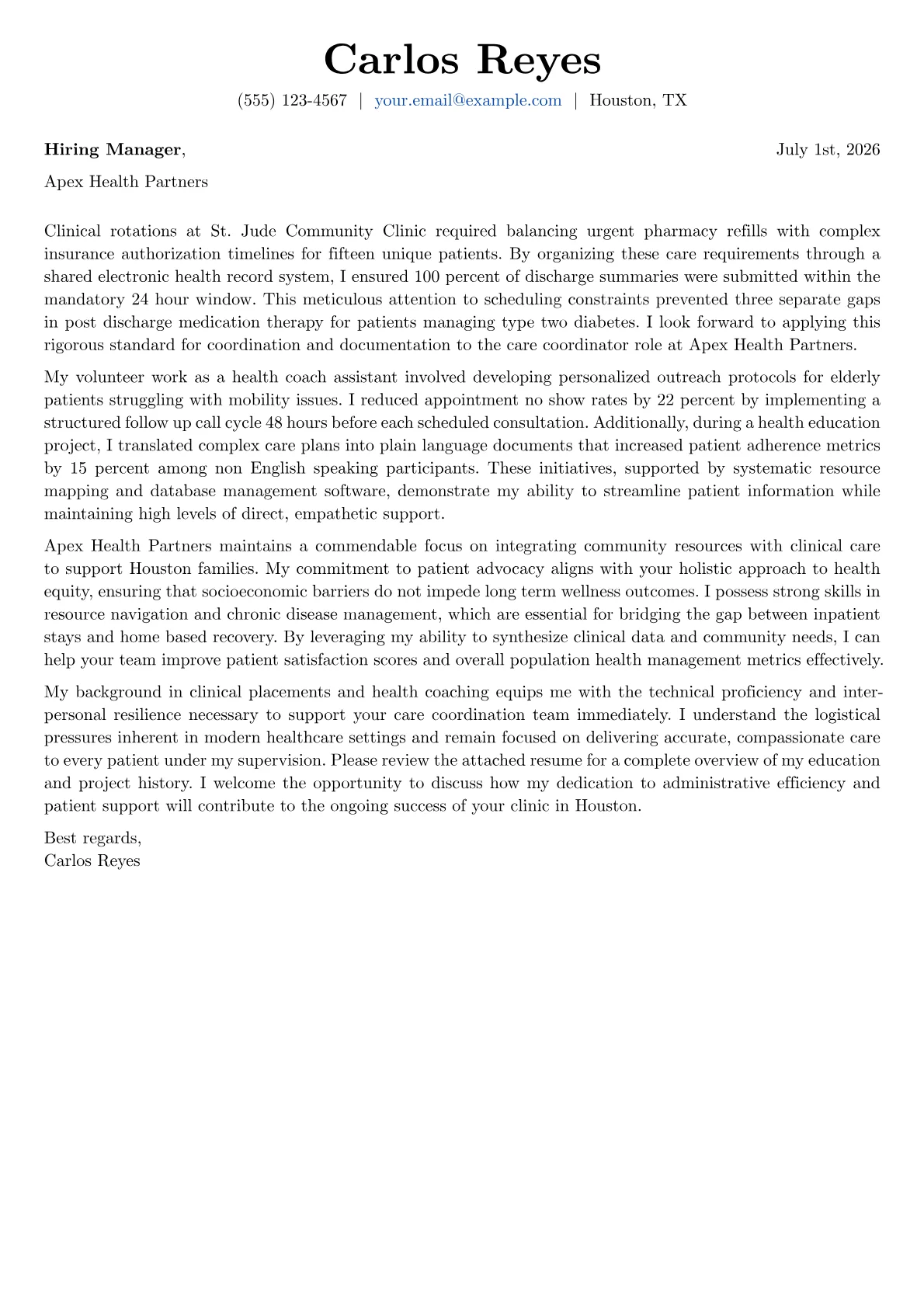 Care Coordinator cover letter in the Basic design
