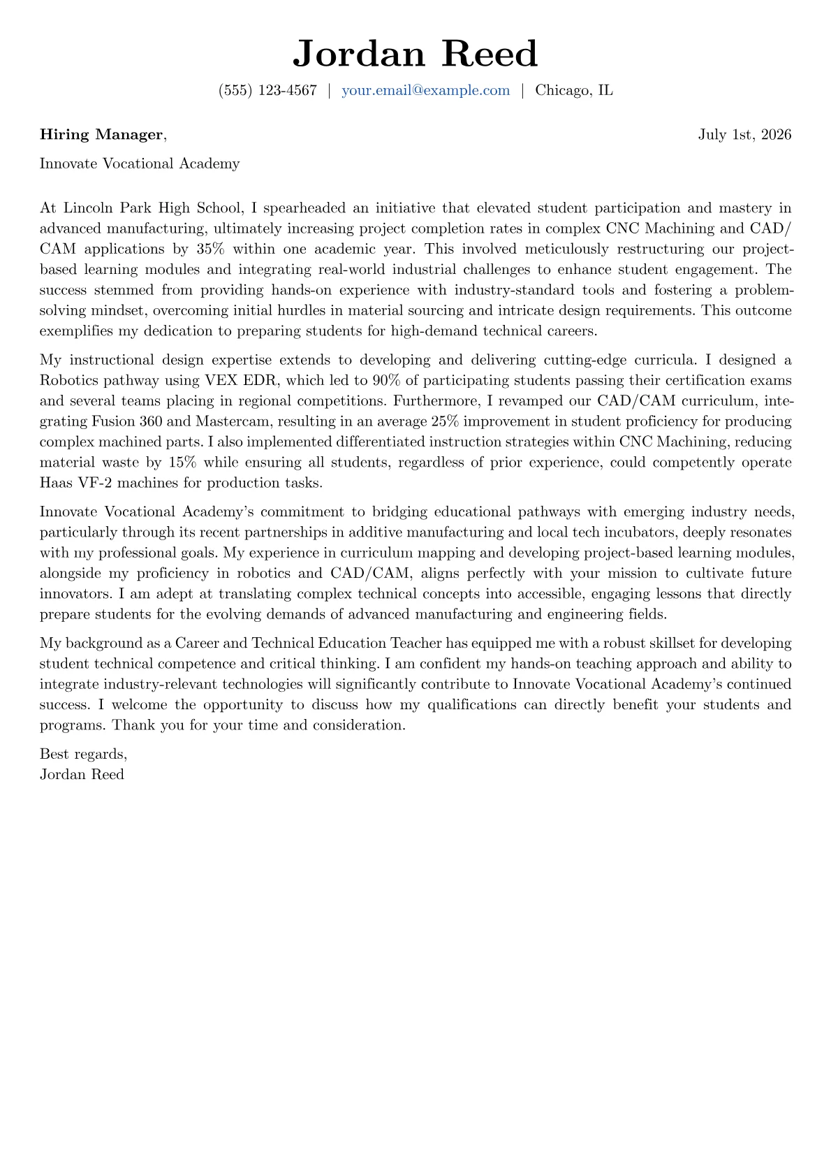Career and Technical Education Teacher cover letter formatted with a JobSprout template