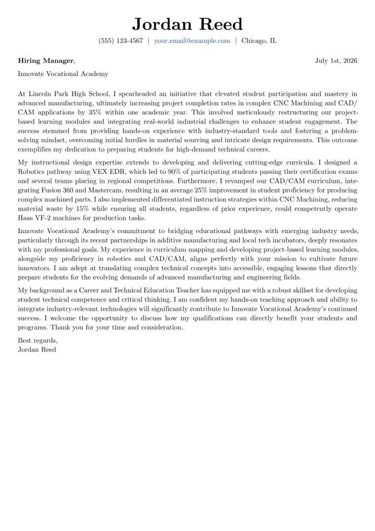 Career and Technical Education Teacher Cover Letter Example