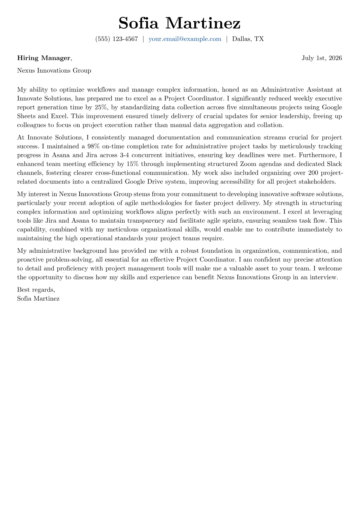 Career Changer cover letter formatted with a JobSprout template